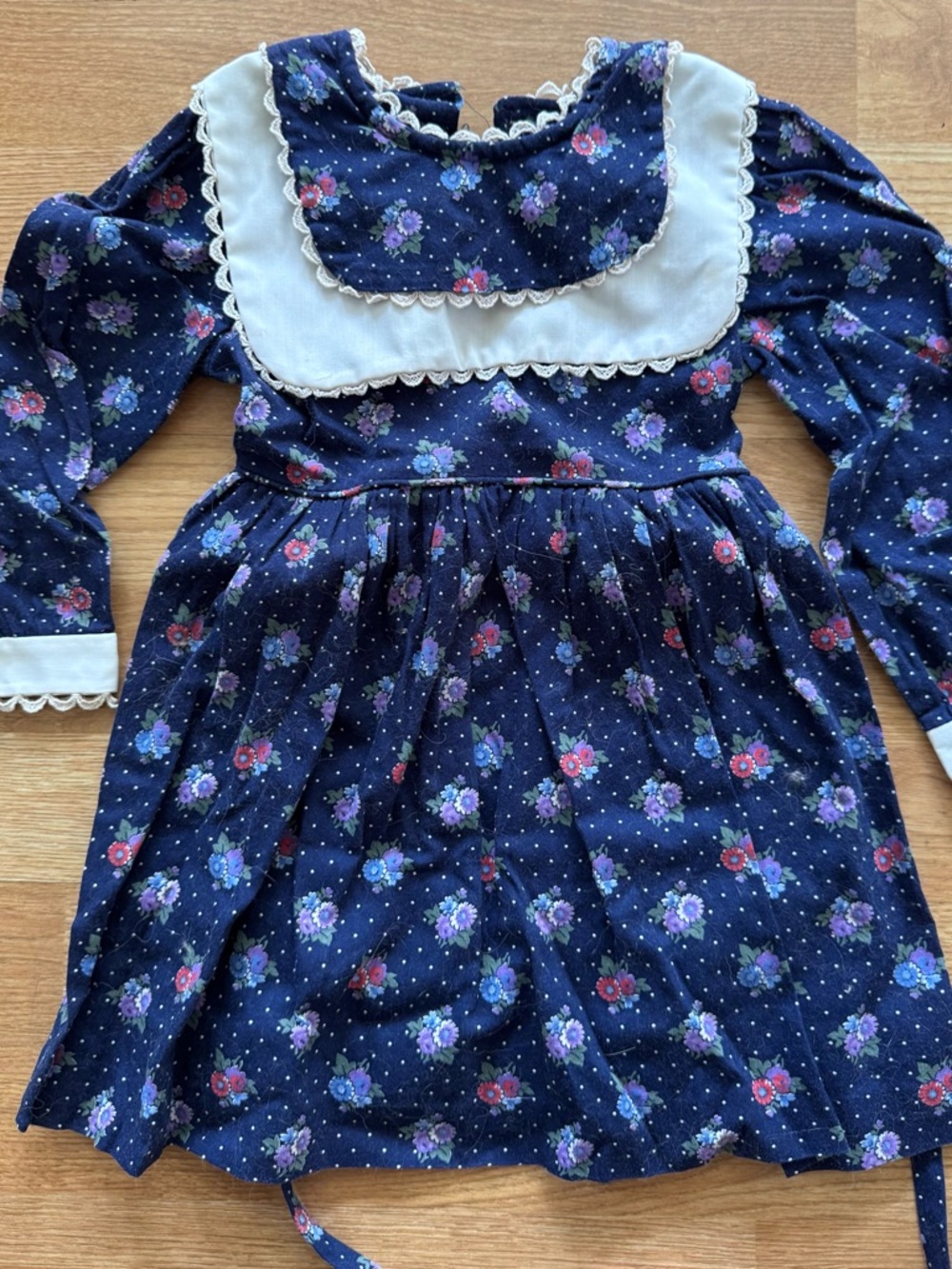 Vintage Navy Floral Long-Sleeve Girls Dress with White Bib